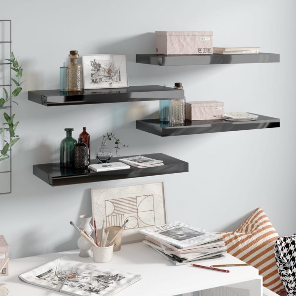 Estante flotante de pared 4 uds MDF negro brillo 60x23.5x3.8 cm