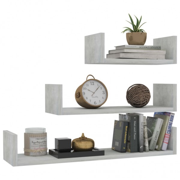 Estantes de pared 3 piezas madera contrachapada gris hormigón