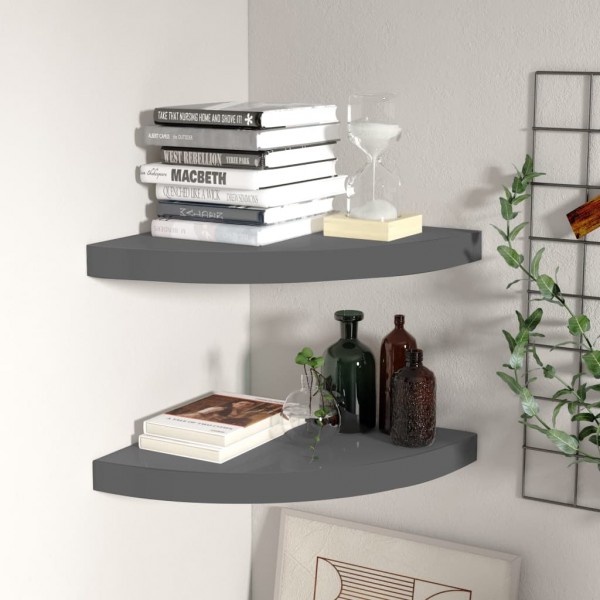 Estantes flotantes esquina 2 uds MDF gris brillo 35x35x3.8 cm