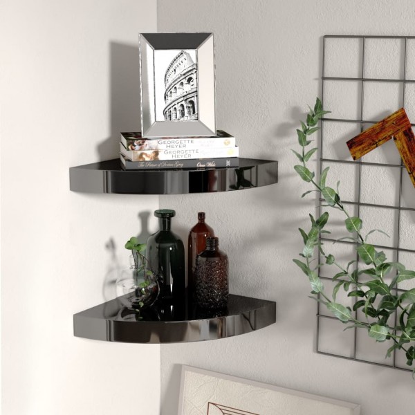 Estantes flotantes esquina 2 uds MDF negro brillo 25x25x3.8 cm