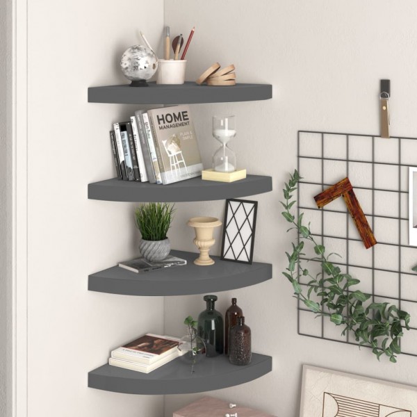 Estantes flotantes esquina 4 uds MDF gris brillo 35x35x3.8 cm