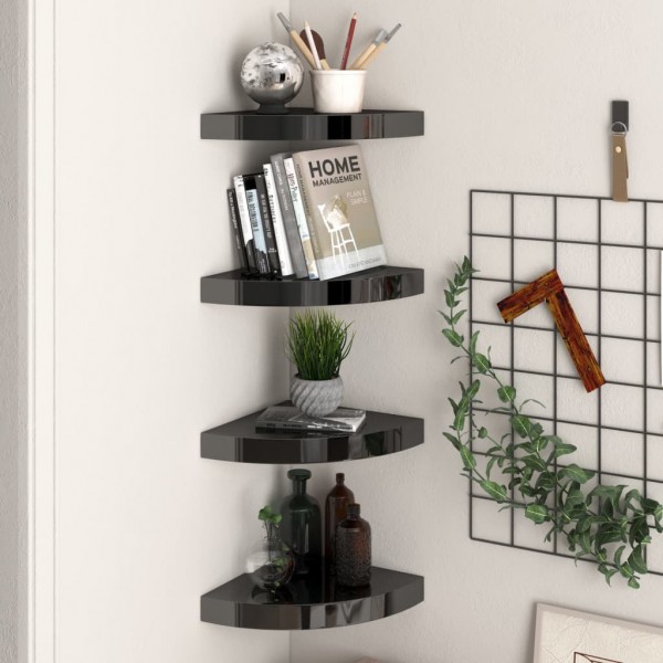 Estantes flotantes esquina 4 uds MDF negro brillo 25x25x3.8 cm