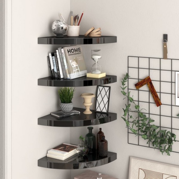 Estantes flotantes esquina 4 uds MDF negro brillo 35x35x3.8 cm