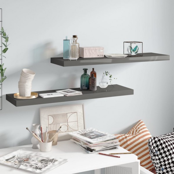 Estantes flotantes pared 2 uds MDF gris brillo 90x23.5x3.8 cm