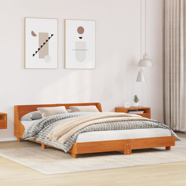 Estructura cama con cabecero madera pino marrón cera 135x190 cm