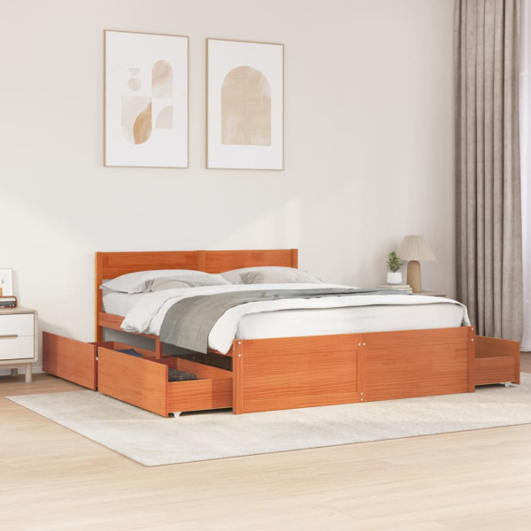 Estructura cama con cajones madera pino marrón cera 150x200 cm