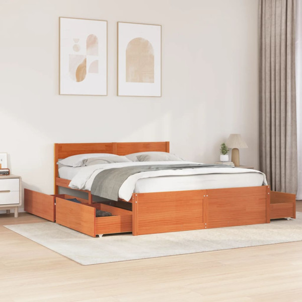 Estructura cama con cajones madera pino marrón cera 160x200 cm
