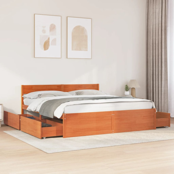Estructura cama con cajones madera pino marrón cera 200x200 cm