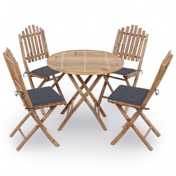 Juego de comedor de jardín plegable 5 piezas bambú con cojines