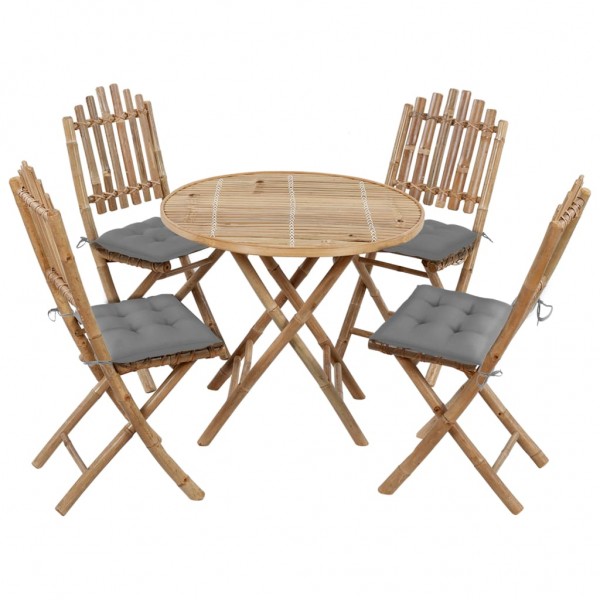 Juego de comedor de jardín plegable con cojines 5 piezas bambú