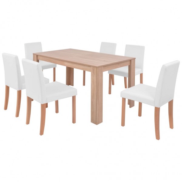 Juego de comedor de roble+cuero artificial 7 piezas color crema