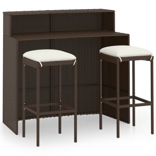 Juego de muebles de bar para jardín 3 piezas y cojines marrón