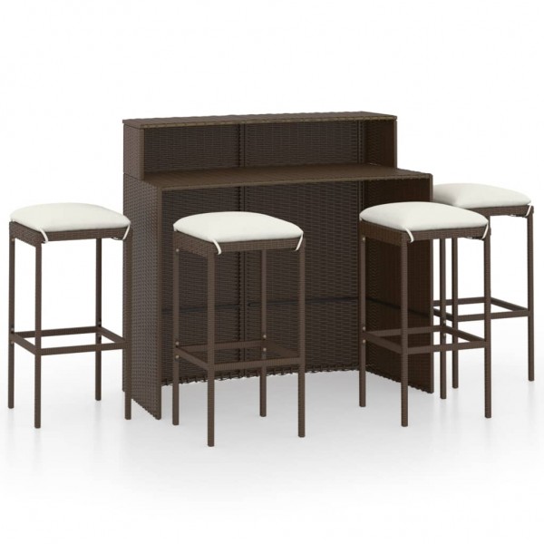 Juego de muebles de bar para jardín 5 piezas y cojines marrón
