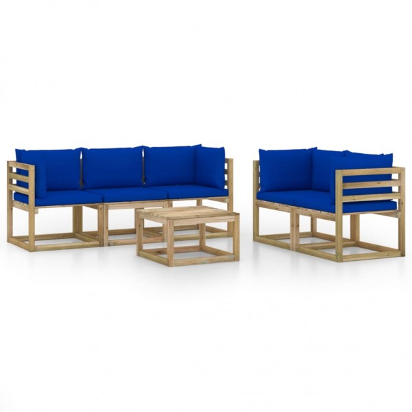 Juego de muebles de jardín 6 piezas con cojines azules