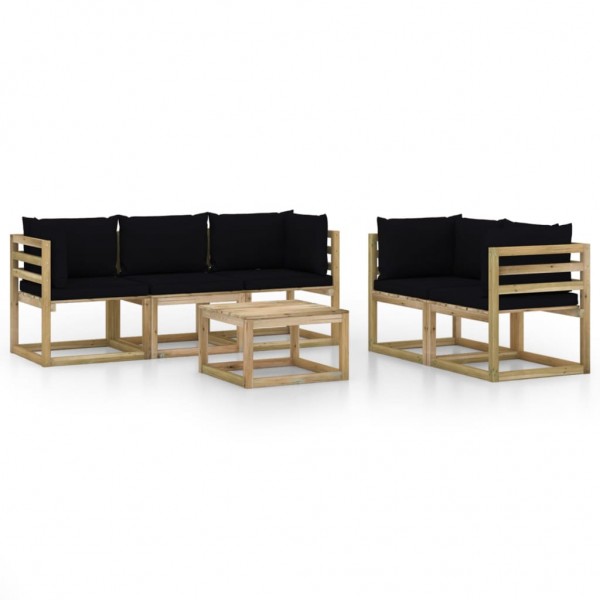 Juego de muebles de jardín 6 piezas con cojines negros