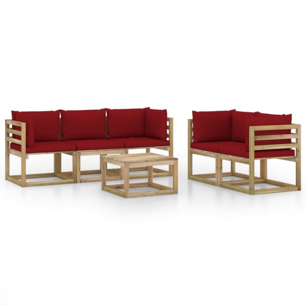 Juego de muebles de jardín 6 piezas con cojines rojo tinto