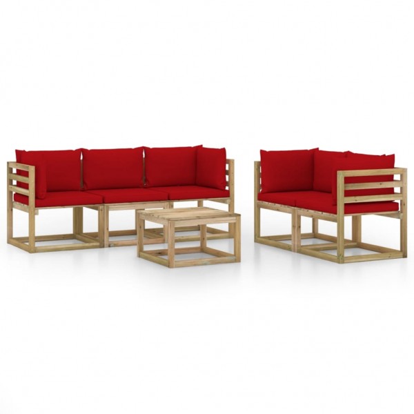 Juego de muebles de jardín 6 piezas con cojines rojos