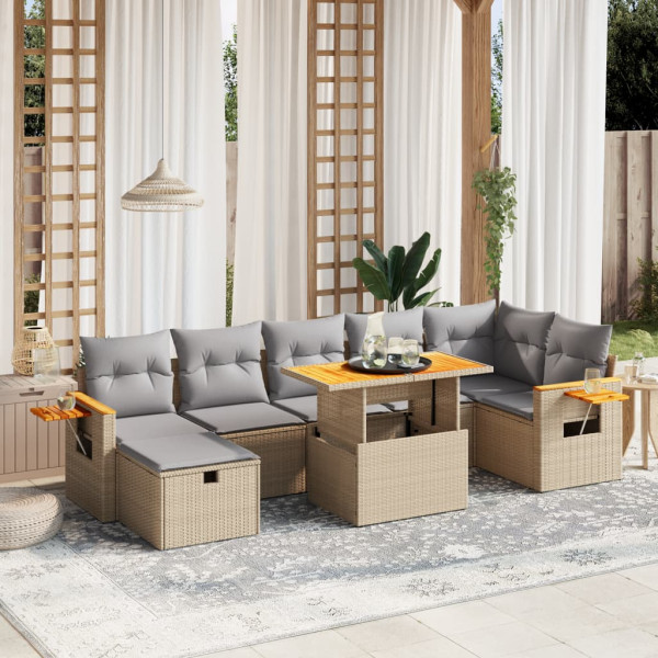 Juego de sofás de jardín con cojines beige 8 pzas ratán PE