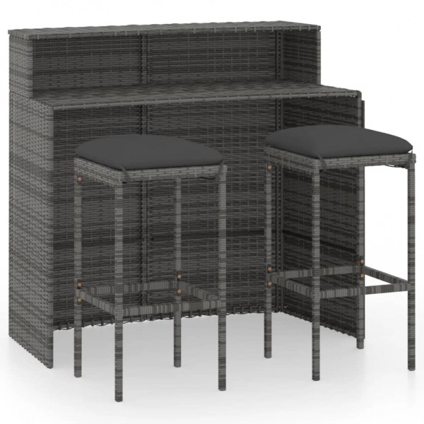 Juego muebles de bar para jardín 3 piezas y cojines gris
