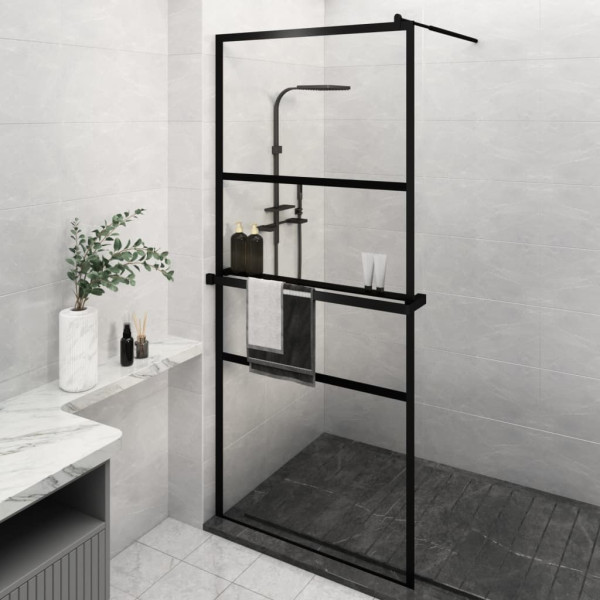 Mampara ducha con estante vidrio ESG y aluminio negro 100x195cm