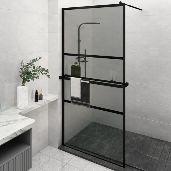 Mampara ducha con estante vidrio ESG y aluminio negro 115x195cm