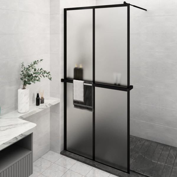 Mampara ducha con estante vidrio ESG y aluminio negro 118x190cm