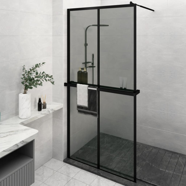 Mampara ducha con estante vidrio ESG y aluminio negro 118x195cm