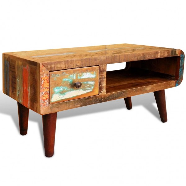 Mesa de centro con 1 cajón bordes curvados de madera reciclada