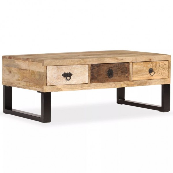 Mesa de centro con 3 cajones madera maciza de mango 90x50x35 cm