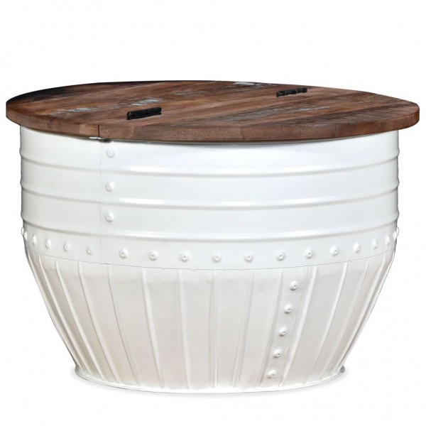 Mesa de centro madera maciza reciclada blanca forma de barril