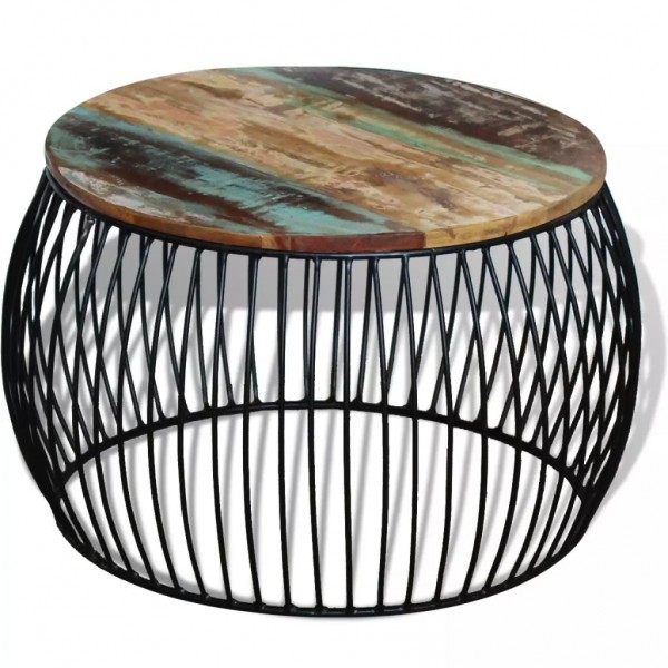 Mesa de centro redonda madera maciza reciclada 68x37 cm