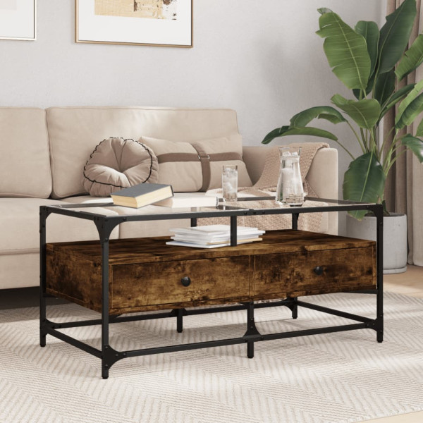 Mesa de centro tapa de vidrio acero roble ahumado 98.5x50x45cm