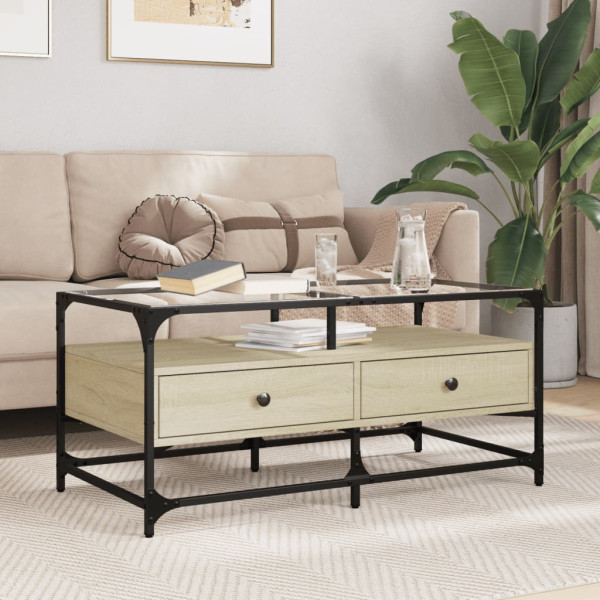 Mesa de centro tapa de vidrio acero roble Sonoma 98.5x50x45 cm