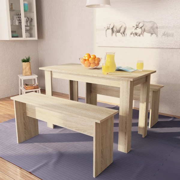 Mesa de comedor y bancos 3 piezas madera aglomerada color roble