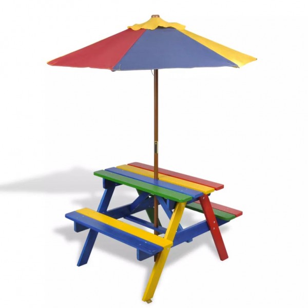 Mesa de picnic y bancos de niños y sombrilla madera multicolor