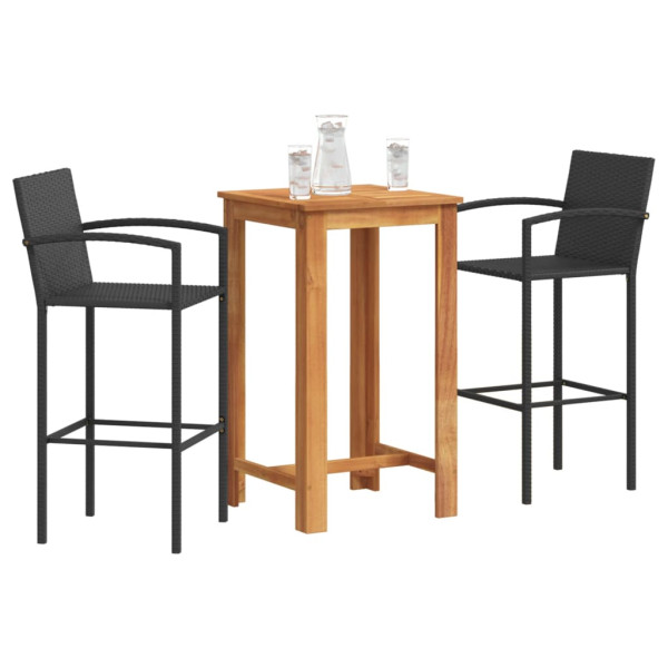 Mesa y taburetes de jardín 3 pzas madera acacia ratán PE negro