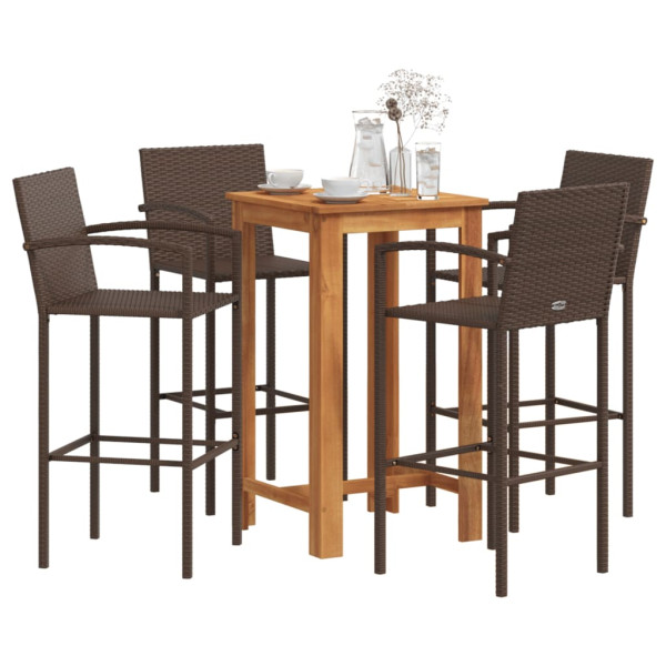 Mesa y taburetes de jardín 5 pzas madera acacia ratán PE marrón