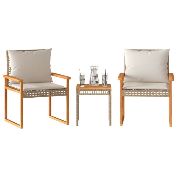 Mesita y sillas con cojines 3 pzas ratán PE acacia beige mezcla