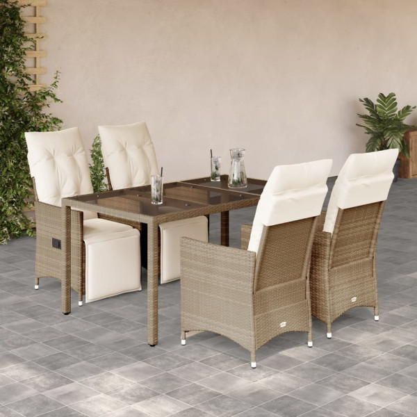 Mesita y sillas jardín 5 pzas y cojines ratán sintético beige