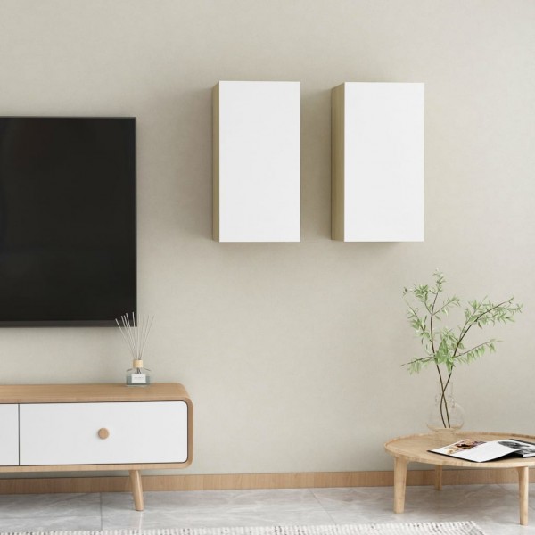 Mueble de TV 2 uds contrachapada blanco y roble 30.5x30x60 cm