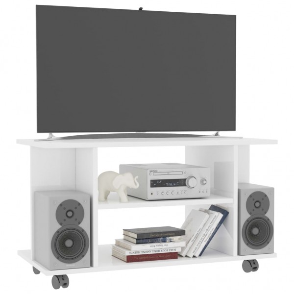 Mueble de TV con ruedas contrachapada blanco brillo 80x40x40 cm