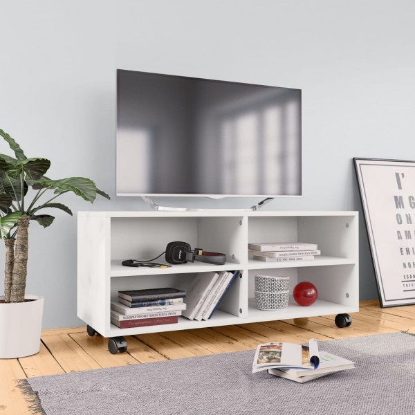 Mueble de TV con ruedas madera contrachapada blanco 90x35x35 cm