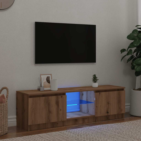 Mueble de TV luces LED madera roble artisan 140x40x35.5 cm