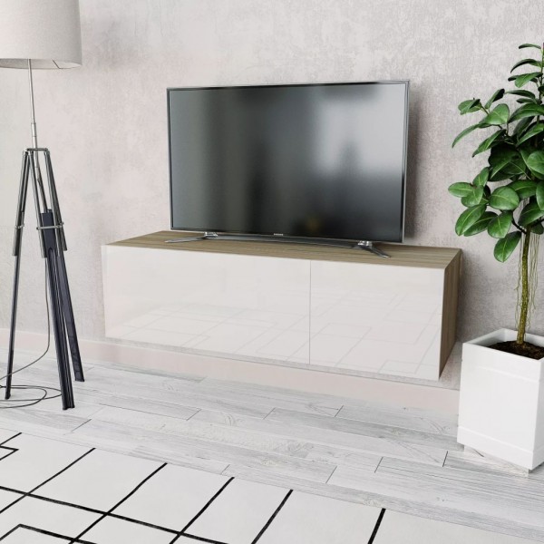 Mueble para la televisión aglomerado blanco brillante y roble