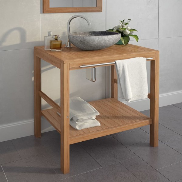 Mueble tocador madera teca maciza con lavabo de piedra de río