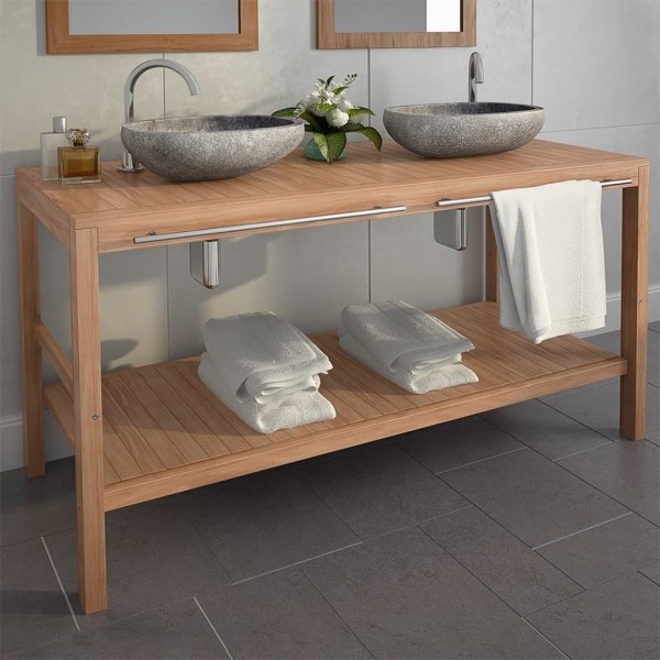 Mueble tocador madera teca maciza con lavabos de piedra de río