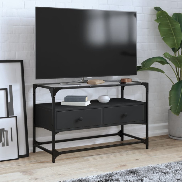 Mueble TV cristal y madera ingeniería negro 80x35x51 cm