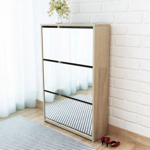 Mueble zapatero 3 compartimentos espejo roble 63x17x102.5 cm