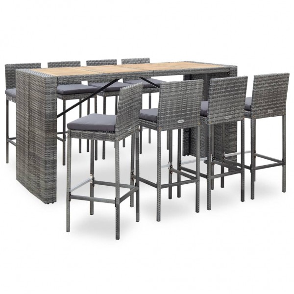 Muebles de bar jardín 9 pzas ratán sintético madera acacia gris