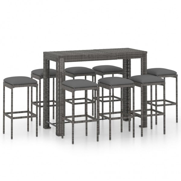 Muebles de bar para jardín 9 pzas cojines ratán sintético gris